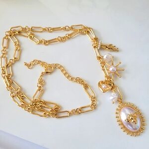 Goldtone Faux Pearl Charm Lariat Style Necklace